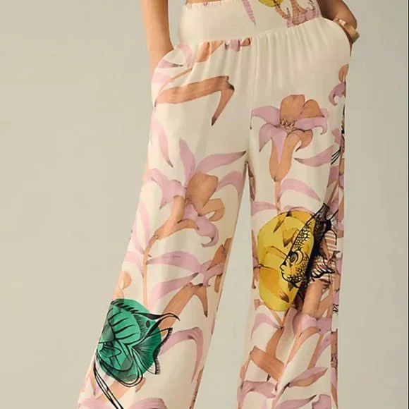 Anthropologie Pia Binazzi XSP NWT Graphic Floral Wide-Leg Pants Fish XS Petite